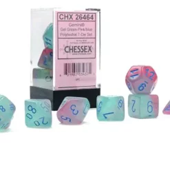 Coupon ⭐ Chessex Gemini Gel Green-Pink / Blue Polyhedral 7-Die Dice Set #26464 👍
