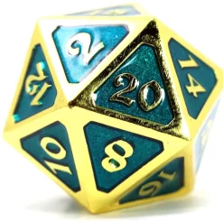 Budget ❤️ Mythica Dire Gold Aquamarine D20 Metal Polyhedral Die 🧨