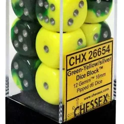 Promo 😀 Chessex 6-Sided d6 Gemini 16mm Dice Pack #26654 [Green-Yellow/Silver] 🎉