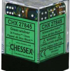 Outlet 🤩 Chessex 6-Sided d6 Festive 12mm Dice Pack #27845 [Green & Silver] 😀